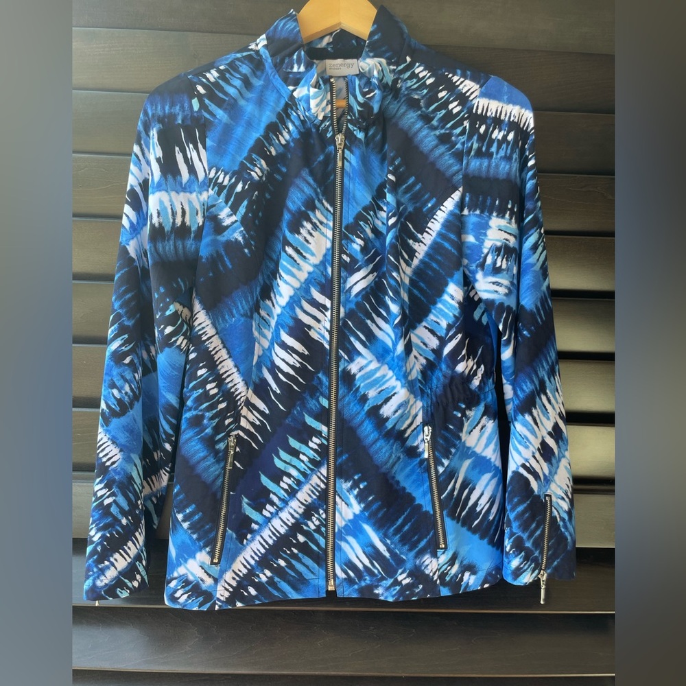 Zenergy By Chico’s Blue Design Lightweight Zip Up Jacket With Pockets Size 0 XS